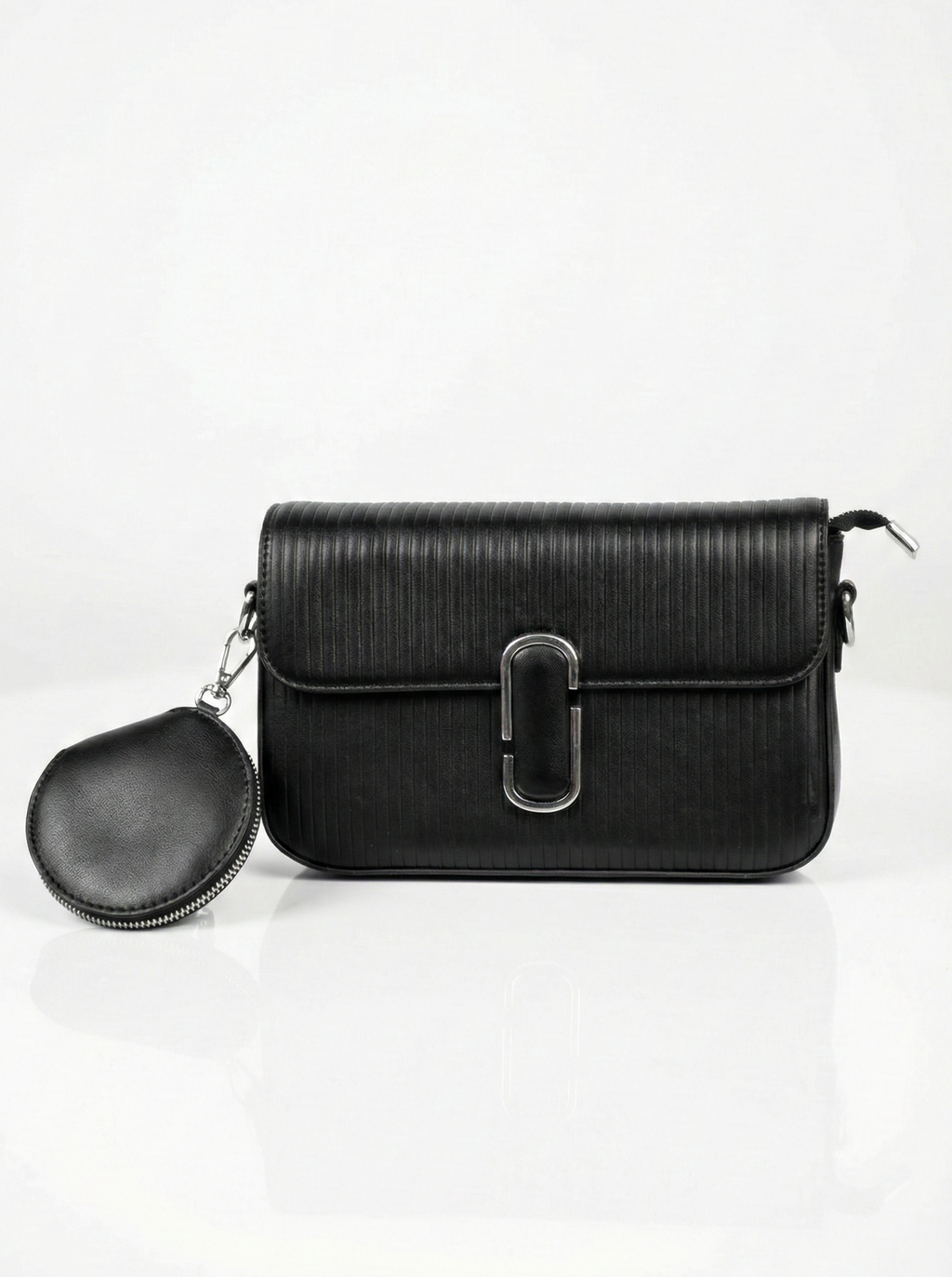 Ribbed Texture Flap Crossbody Bag with Detachable Pouch – Midnight Black