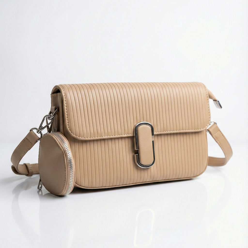 Ribbed Texture Flap Crossbody Bag with Detachable Round Pouch