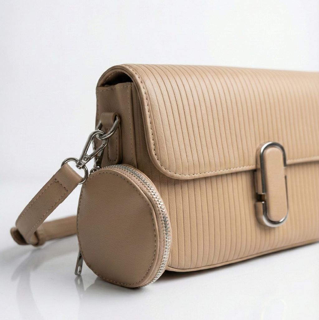 Ribbed Texture Flap Crossbody Bag with Detachable Round Pouch