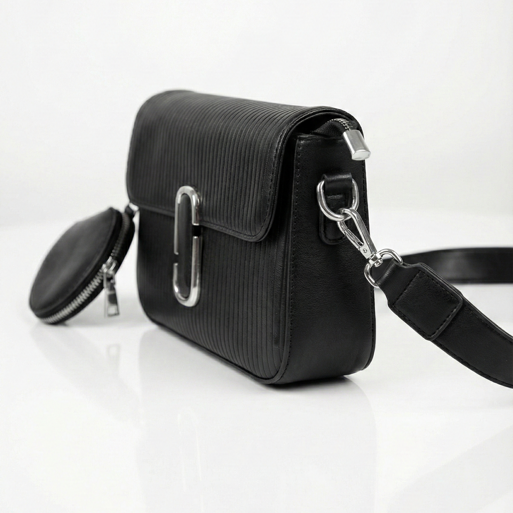 Ribbed Texture Flap Crossbody Bag with Detachable Pouch – Midnight Black